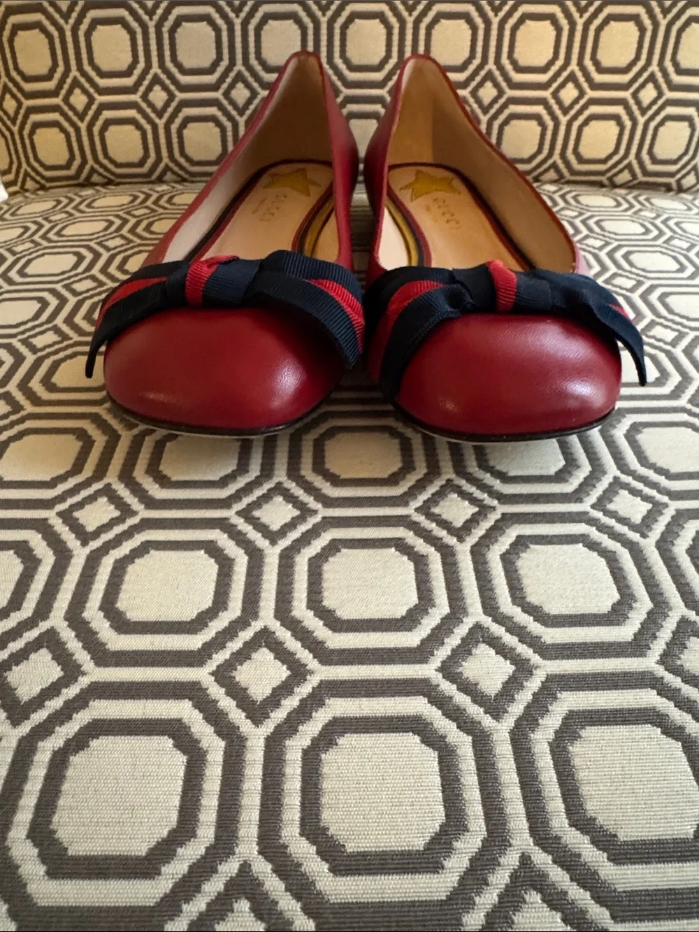 Gucci Red Leather Flats with Navy Ribbon Bow